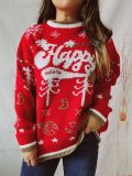 Autumn & Winter Round Neck Long Sleeve Color Block Letter Snowflake Christmas Knitted Pullover Sweater