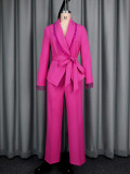 V-Neck Beaded Slim Waist Long Sleeve Blazer & High-Waist Straight Pants Two-Piece Set