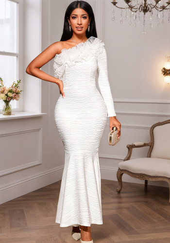 Fashion Elegant One-Shoulder Long Sleeve Dress Ruffled Slim Mermaid Evening Gown