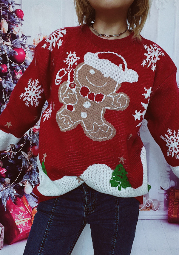 Christmas Sweater Snowman Pattern Round Neck Long Sleeve Knitted Pullover New Year Top