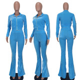 Women's Solid Velvet Casual Zip Top Wide Leg Pants Two Piece Tracksuit