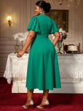 Plus Size Women's Puff Sleeve Diagonal V-Neck Dress One-Shoulder Flower Elegant Wedding Party Gown