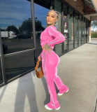 Women's Solid Velvet Casual Zip Top Wide Leg Pants Two Piece Tracksuit