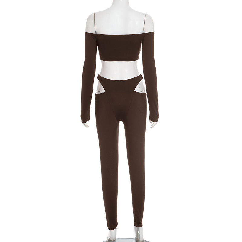 Off-Shoulder Crop Top & High-Waist Hollow Out Pants Set