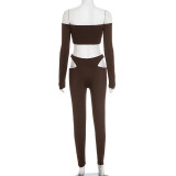 Women's Autumn Off-Shoulder Crop Top & High-Waist Hollow Out Pants Set