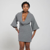 Women's Autumn & Winter Solid Color Casual Loose Cowl Neck Knitted Mid-Long Sleeve Dress