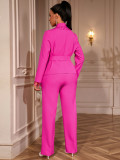 V-Neck Beaded Slim Waist Long Sleeve Blazer & High-Waist Straight Pants Two-Piece Set