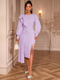 Round Neck Elegant Lantern Sleeve Party Dress Irregular Ruffled Pleated Slim Split Evening Gown