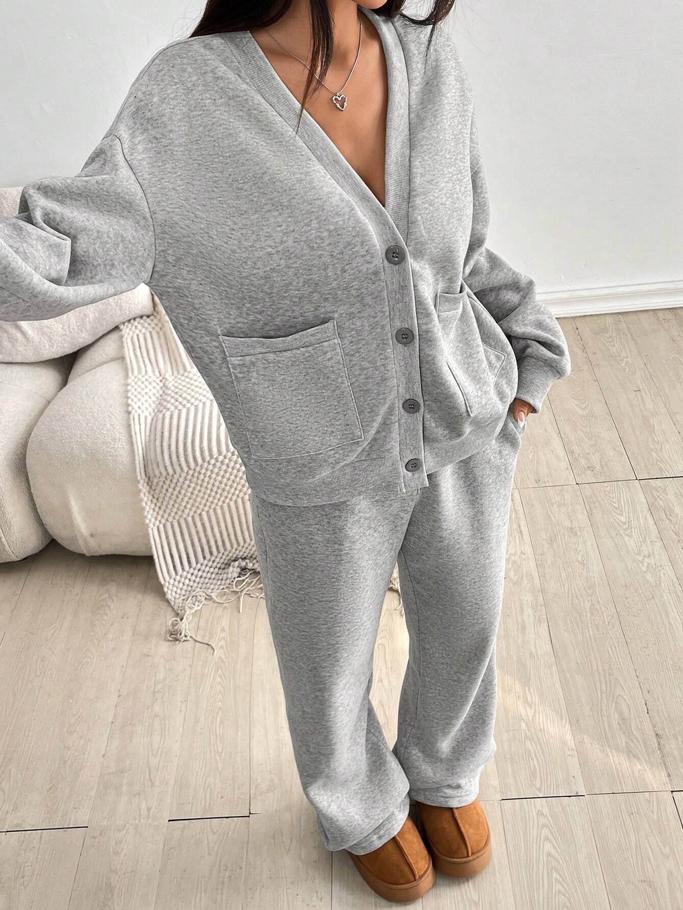 Women's Autumn & Winter Button Coat & Wide-Leg Pants Casual Set