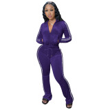 Women's Solid Velvet Casual Zip Top Wide Leg Pants Two Piece Tracksuit