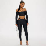 Women's Autumn Off-Shoulder Crop Top & High-Waist Hollow Out Pants Set