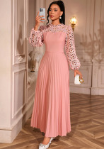 Elegant Lace Lantern Long Sleeve Hollow Out Slim Waist Pleated A-Line Party Maxi Dress