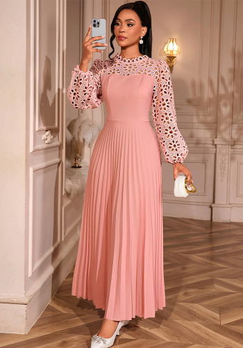 Elegant Lace Lantern Long Sleeve Hollow Out Slim Waist Pleated A-Line Party Maxi Dress