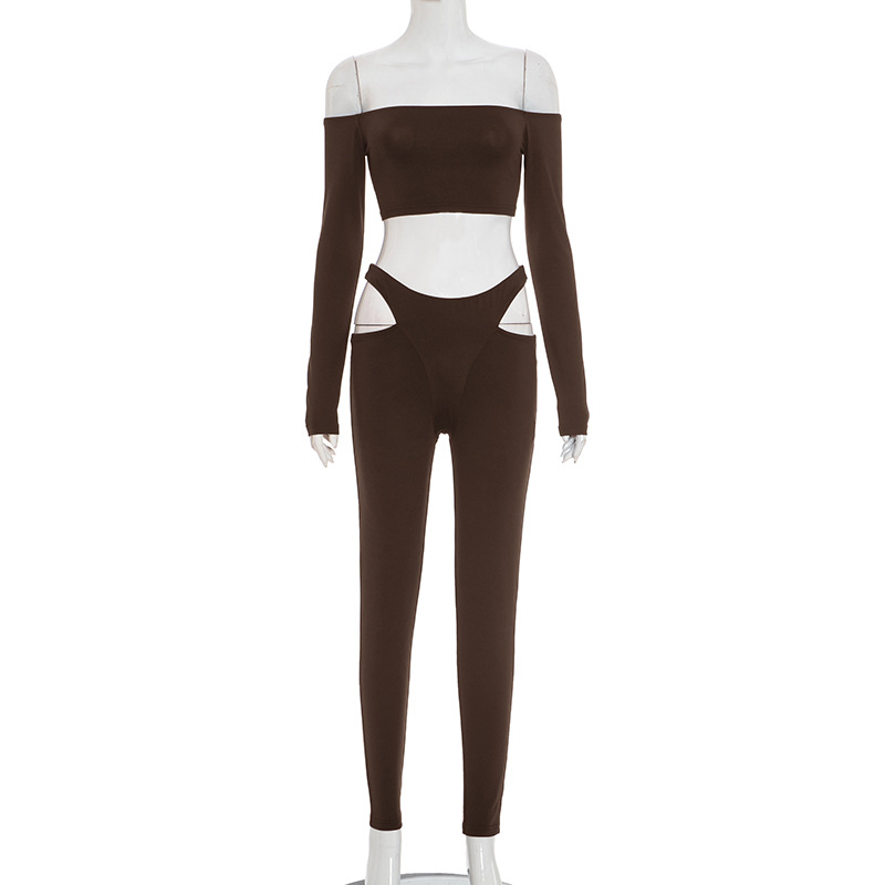 Women's Autumn Off-Shoulder Crop Top & High-Waist Hollow Out Pants Set