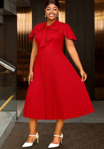 Plus Size Red Stand Collar Bow Cape Short Sleeve Pleated Dress Chic Elegant Wedding Evening Gown