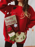 Loose Christmas Sweater Oversized Christmas Stocking Snowman Pocket Decorated Red New Year Sweater for Women
