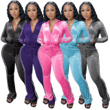 Women's Solid Velvet Casual Zip Top Wide Leg Pants Two Piece Tracksuit