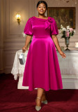 Plus Size Women's Rose Satin Puff Sleeve Dress Flower Elegant A-Line Party Evening Gown