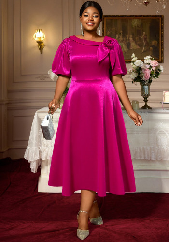 Plus Size Women's Rose Satin Puff Sleeve Dress Flower Elegant A-Line Party Evening Gown