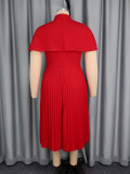 Plus Size Red Stand Collar Bow Cape Short Sleeve Pleated Dress Chic Elegant Wedding Evening Gown