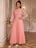 Elegant Lace Lantern Long Sleeve Hollow Out Slim Waist Pleated A-Line Party Maxi Dress