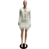 Autumn & Winter Knitted Crochet Fringe Lace-Up Long Sleeve Bodycon Skirt Set