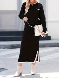 Solid Color Elegant Fashion Round Neck Long Sleeve Top & Split Midi Skirt Two-Piece Set