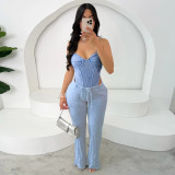 Women Sexy Cotton Washed Strapless Top and Pant Two-Piece Set