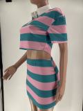 Women Autumn Contrast Striped Shirt Collar Crop Top and Skirt Two-Piece Set