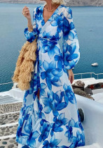 Women Fall Long-Sleeved Printed Holiday Beach Dress