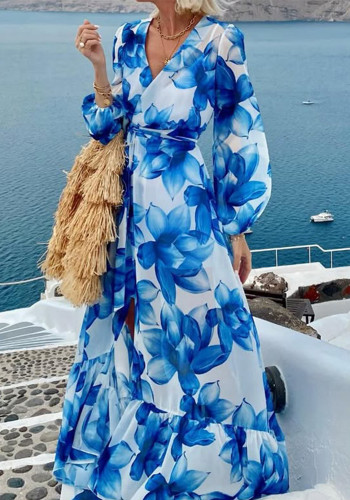 Women Fall Long-Sleeved Printed Holiday Beach Dress
