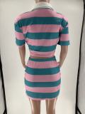 Women Autumn Contrast Striped Shirt Collar Crop Top and Skirt Two-Piece Set
