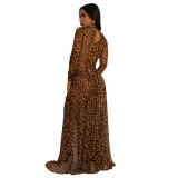Women Sexy Leopard Print See-Through Bodysuit and Slit Skirt Two-Piece Set