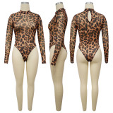 Women Sexy Leopard Print See-Through Bodysuit and Slit Skirt Two-Piece Set