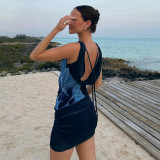 Women Sexy Backless Swing Neck Printed Side Ribbon Bodycon Dress