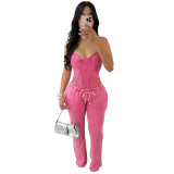 Women Sexy Cotton Washed Strapless Top and Pant Two-Piece Set