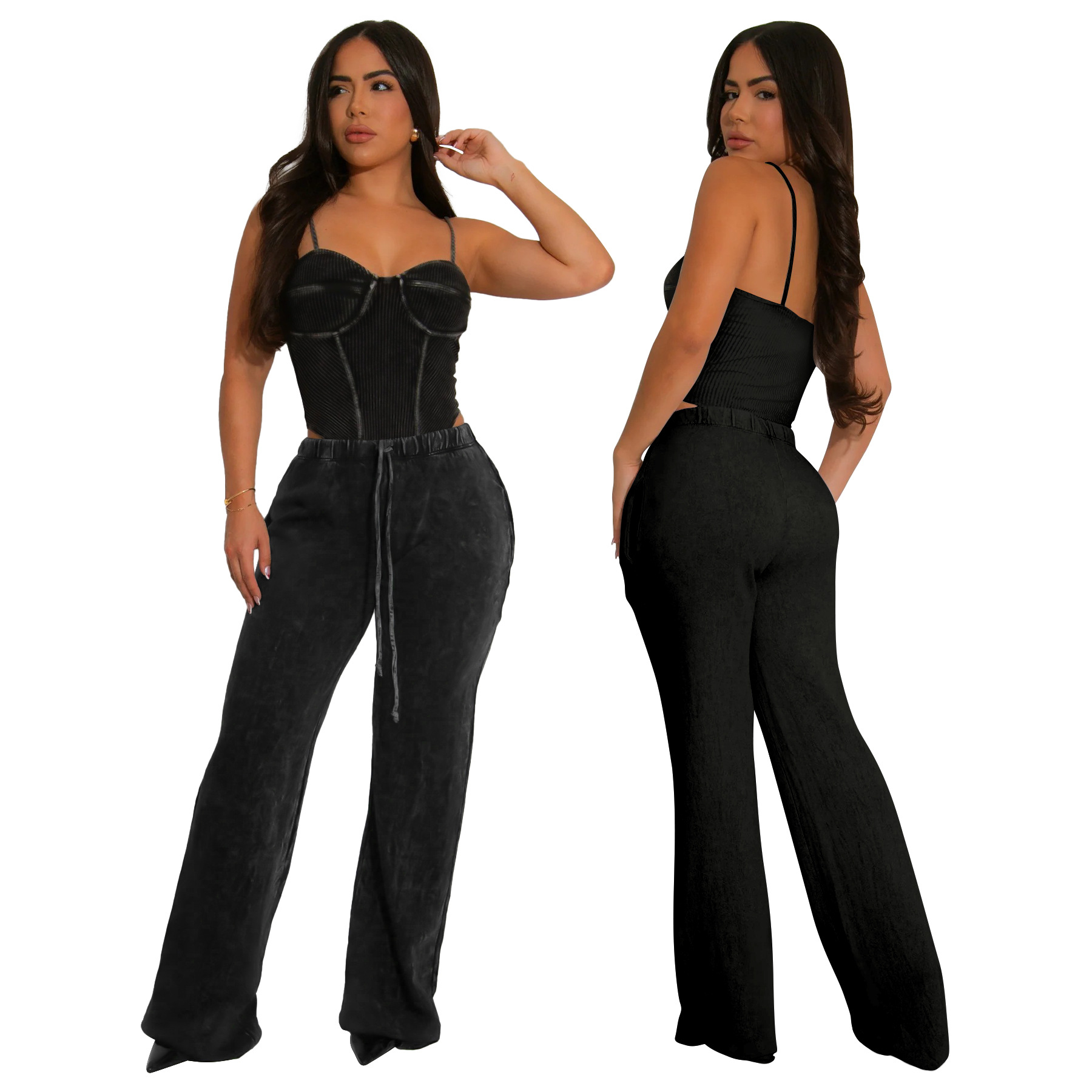 Women Sexy Cotton Washed Strapless Top and Pant Two-Piece Set