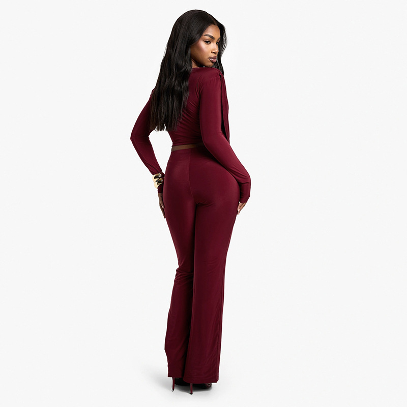 Women Fall Solid Casual Long-Sleeved Top and Pants Two-Piece Set