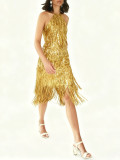 Women Party/Wedding Fringed Sequin Halter Neck Dress