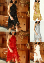 Women Party/Wedding Fringed Sequin Halter Neck Dress