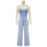 Women Sexy Cotton Washed Strapless Top and Pant Two-Piece Set