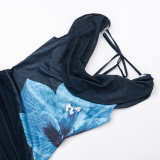 Women Sexy Backless Swing Neck Printed Side Ribbon Bodycon Dress