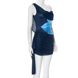 Women Sexy Backless Swing Neck Printed Side Ribbon Bodycon Dress