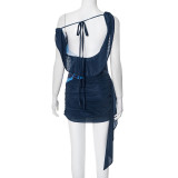 Women Sexy Backless Swing Neck Printed Side Ribbon Bodycon Dress