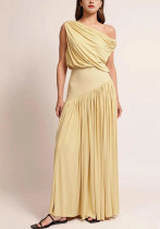 Women Elegant Slash Shoulder Solid Dress