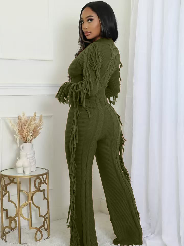 Women Casual Solid Knitting Long-Sleeved Tassel Top and Pant Two-Piece Set