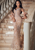 Women Bandage Beaded Fishtail Formal Party Maxi Evening Dress