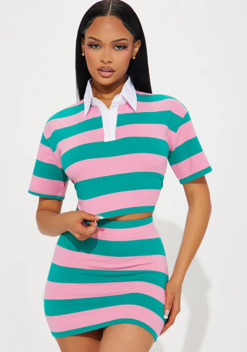 Women Autumn Contrast Striped Shirt Collar Crop Top and Skirt Two-Piece Set