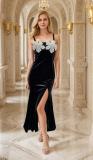 Women Black Velvet Floral Sequin Maxi Dress