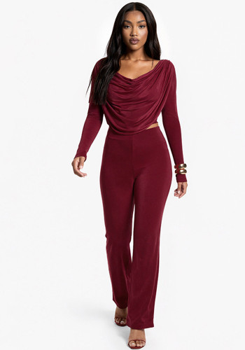 Women Fall Solid Casual Long-Sleeved Top and Pants Two-Piece Set